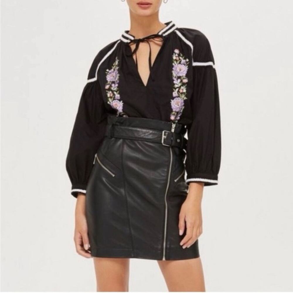 Topshop Black Floral Embroidered Poplin Blouse Size US 12